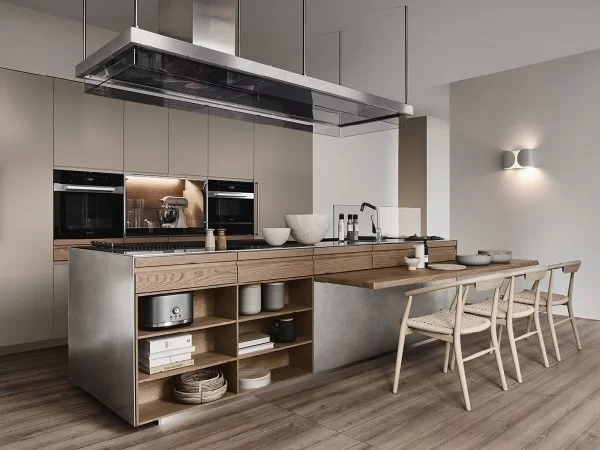 The Convivium kitchen with built-in snack bar by Arclinea
