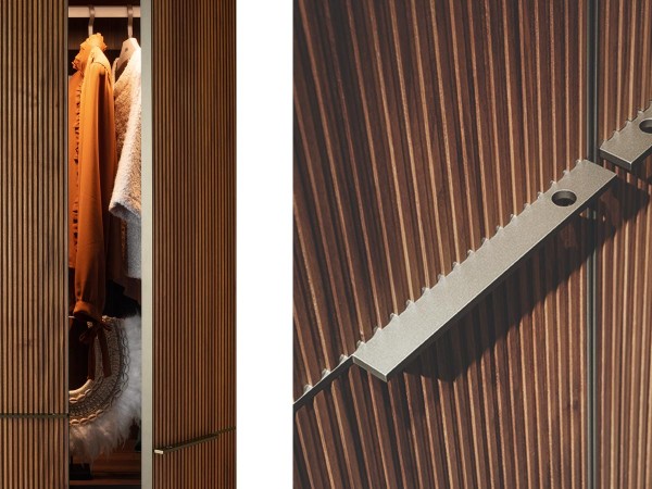 Details of the handle and interiors of the Seryasse wardrobe by Lema