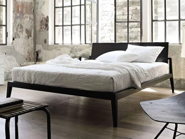Theo double bed with inclined wooden headboard