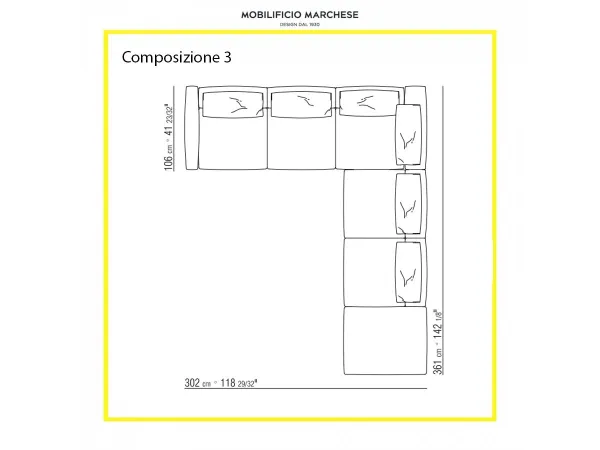 Technisches Layout des Asolo-Sofas von Flexform Collection 2020